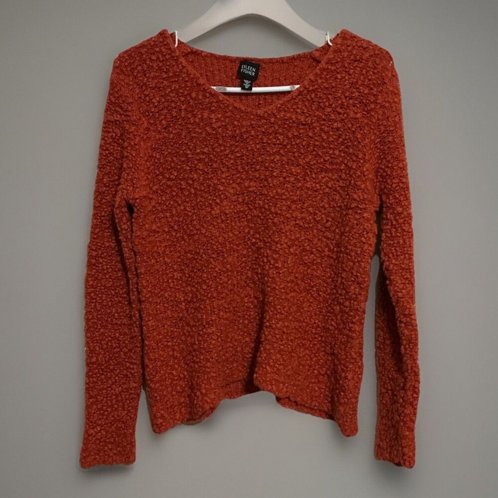 Eileen Fisher Merino Wool Silk Blend Textured Sweater Med Rust Orange